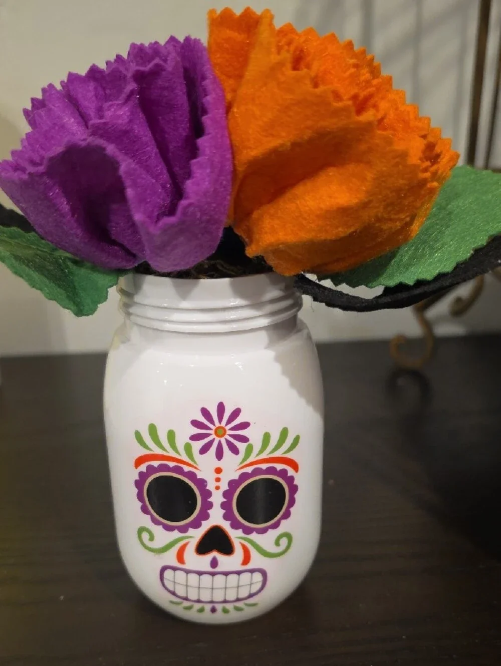 Day of the Dead Sugar Skull Mason Jar Vase with Felt Flowers